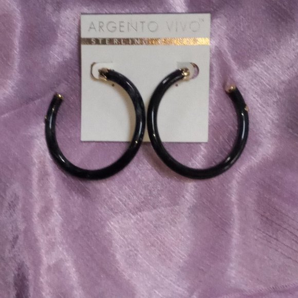 NWT – Argento Vivo 14KT Gold Plated Sterling Silver Black Resin/Acrylic Hoop Ear - Picture 1 of 14